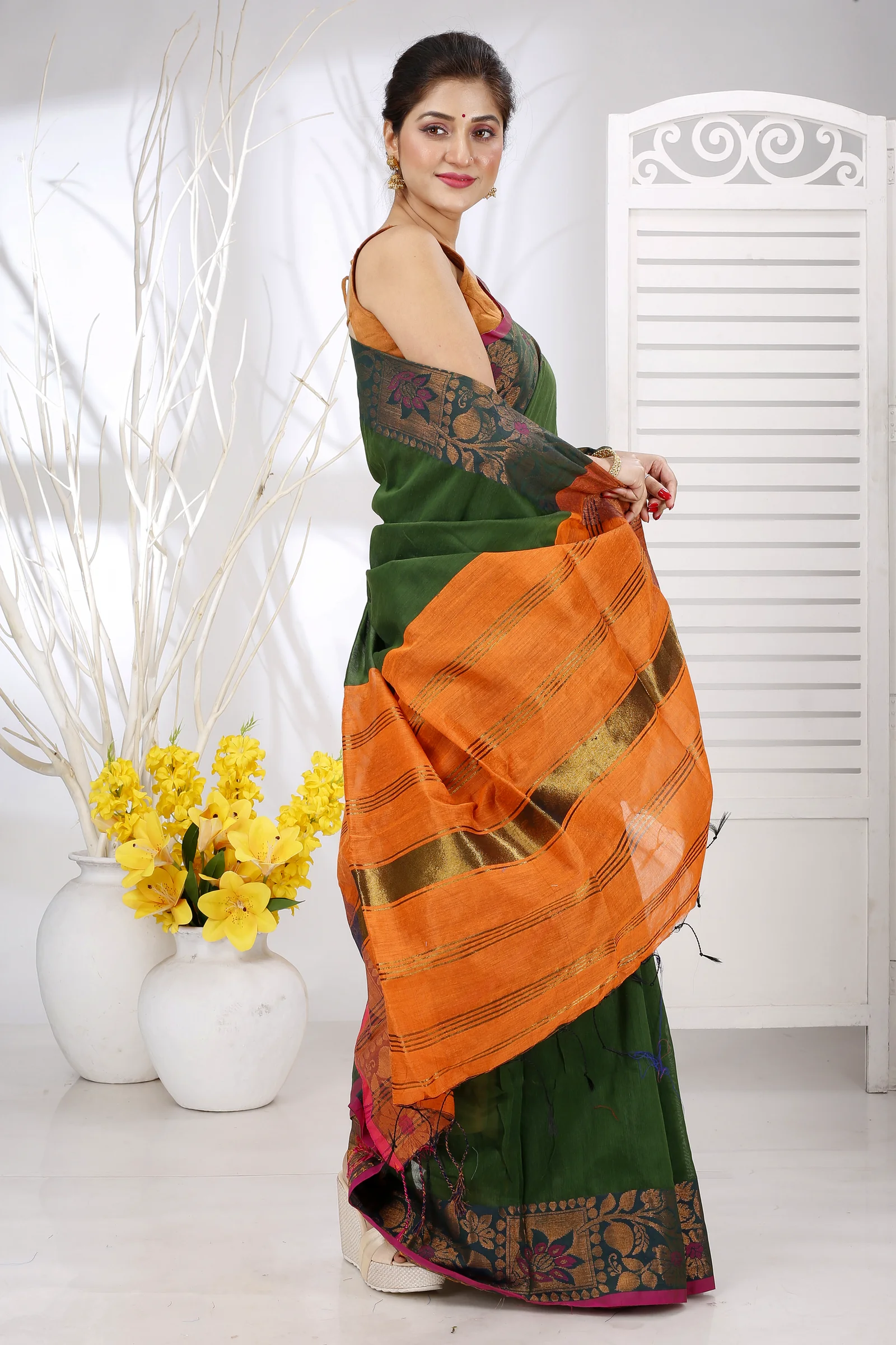 Dark Green Pure Cotton Swarno Hand Loom Saree (5249)