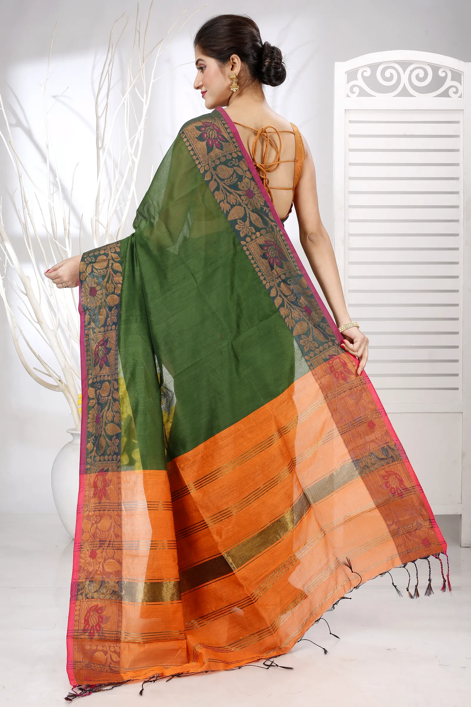 Dark Green Pure Cotton Swarno Hand Loom Saree (5249)