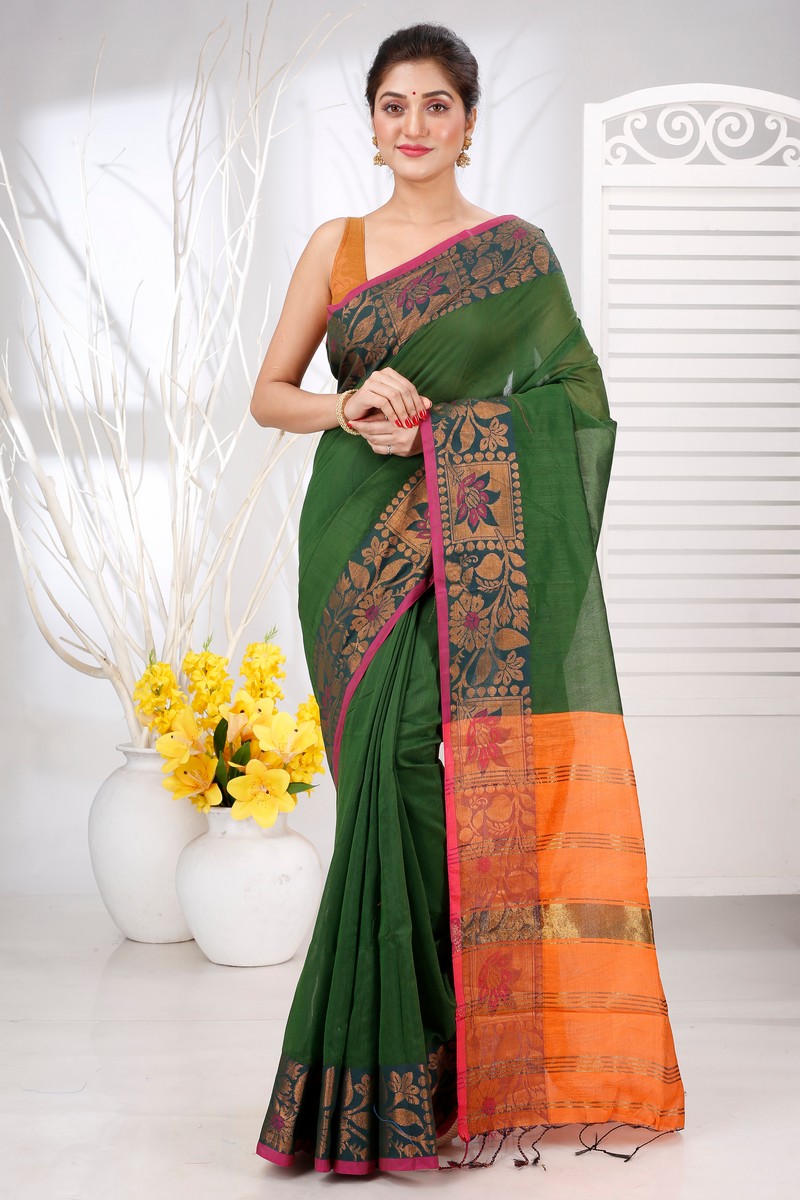 Dark Green Pure Cotton Swarno Hand Loom Saree (5249)