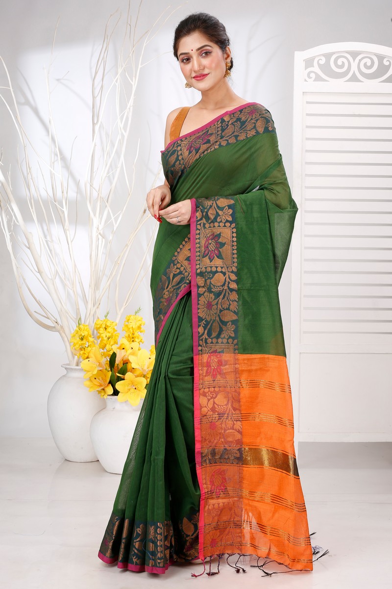Dark Green Pure Cotton Swarno Hand Loom Saree (5249)