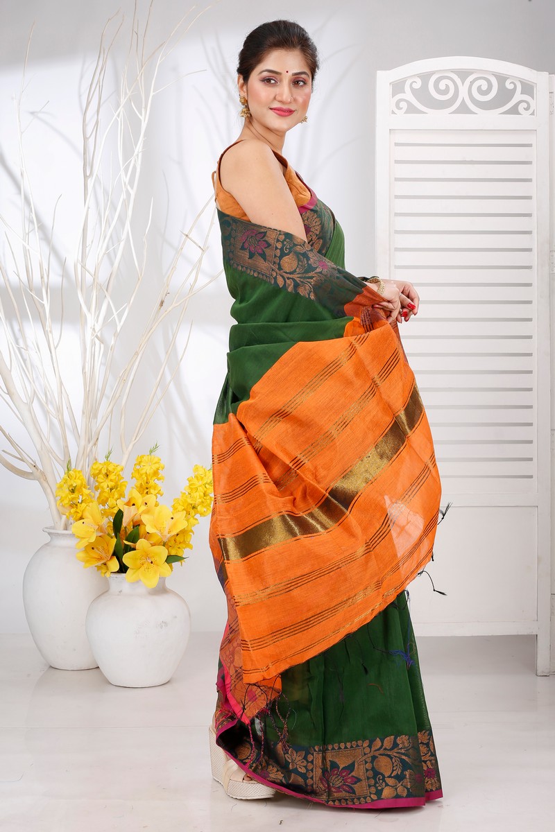 Dark Green Pure Cotton Swarno Hand Loom Saree (5249)