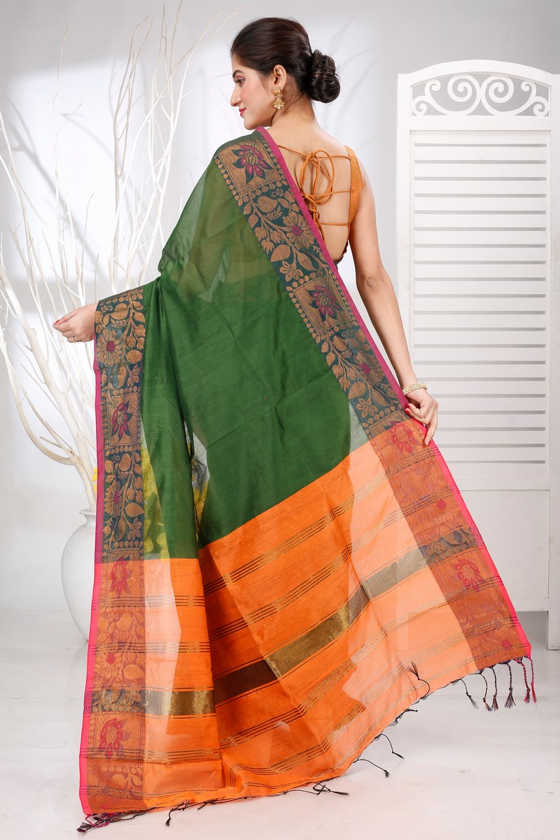Dark Green Pure Cotton Swarno Hand Loom Saree (5249)