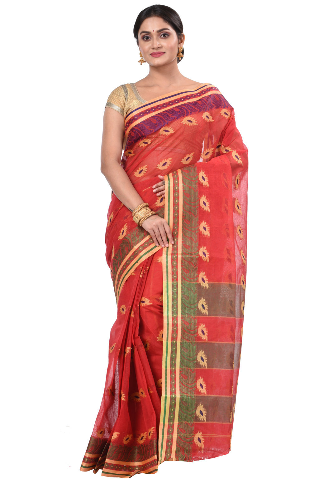 Red Pure Cotton PataButi Tant Saree (525)