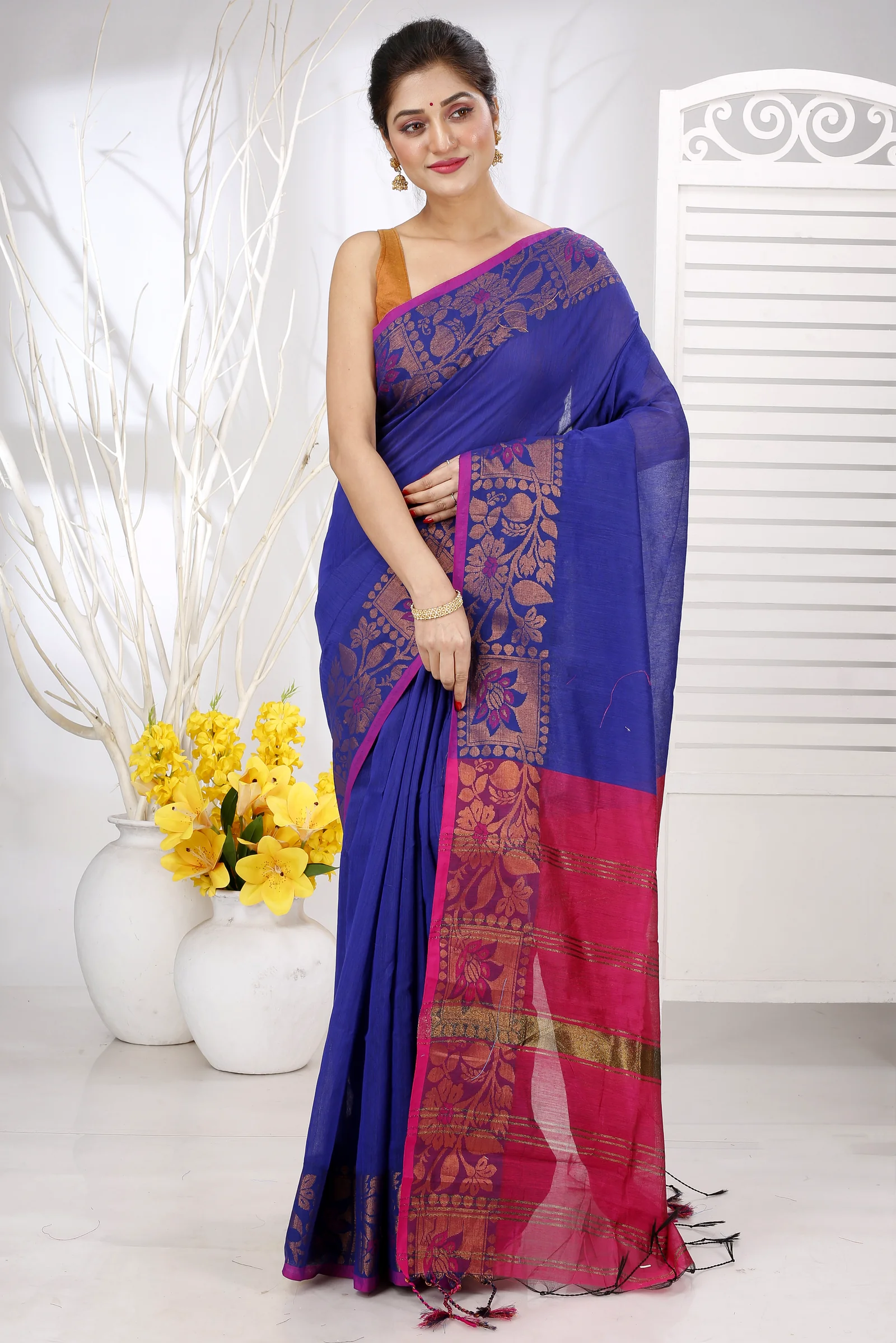 Naby Blue Pure Cotton Swarno Hand Loom Saree (5250)