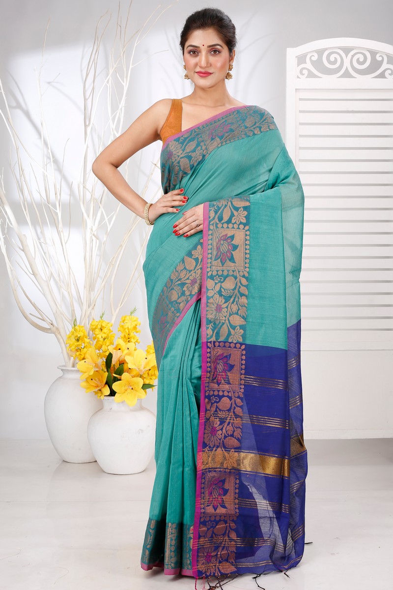 See Green Pure Cotton Swarno Hand Loom Saree (5251)