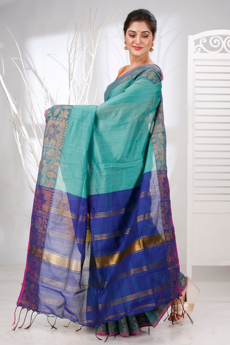See Green Pure Cotton Swarno Hand Loom Saree (5251)