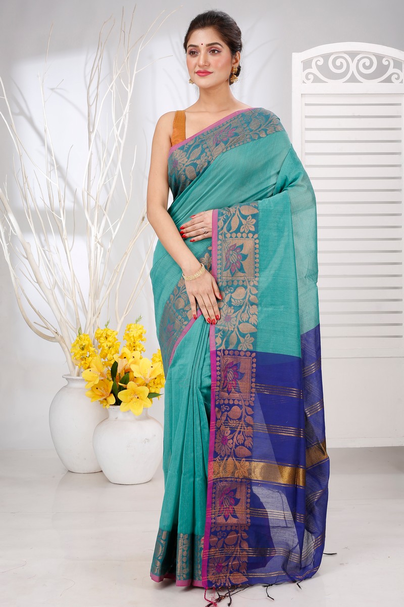 See Green Pure Cotton Swarno Hand Loom Saree (5251)