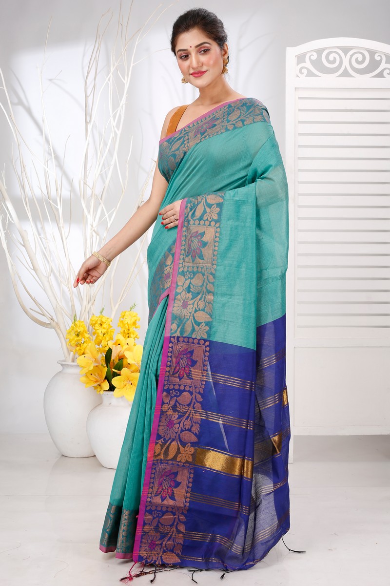 See Green Pure Cotton Swarno Hand Loom Saree (5251)