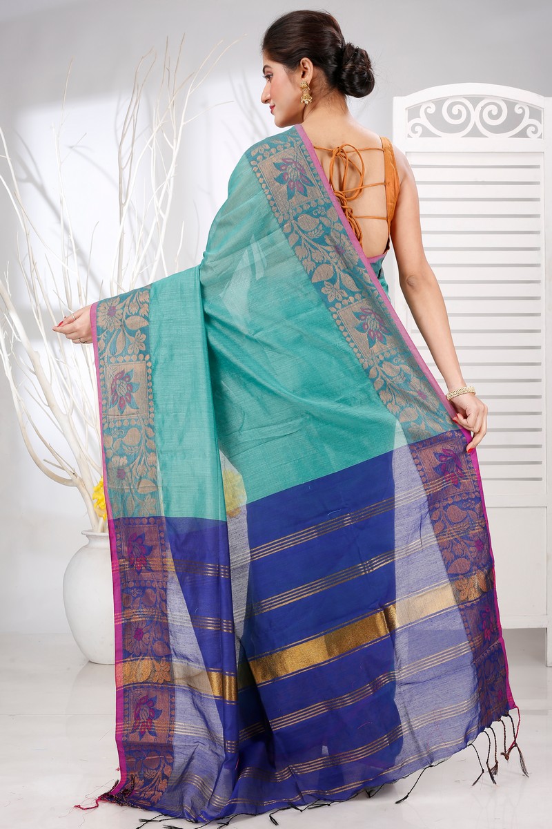 See Green Pure Cotton Swarno Hand Loom Saree (5251)