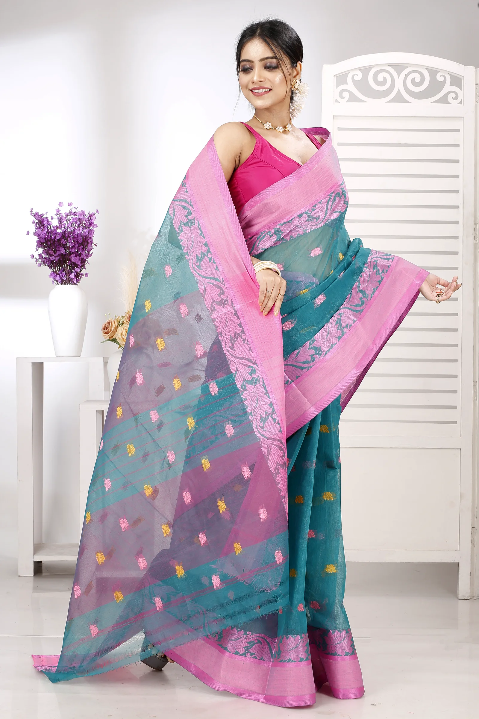 Dark Green Pure Cotton Guti Tant Saree (5257)