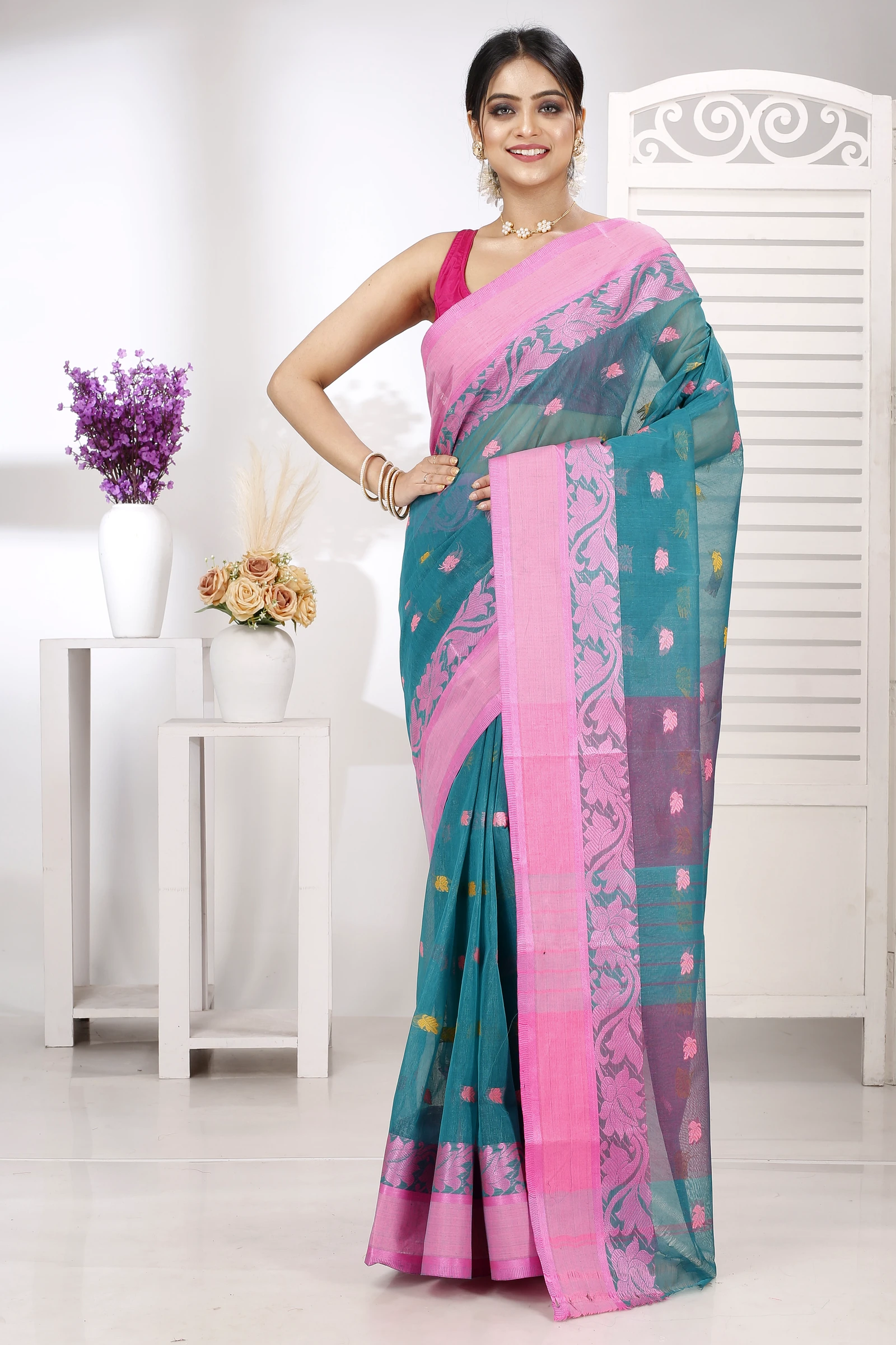 Dark Green Pure Cotton Guti Tant Saree (5257)