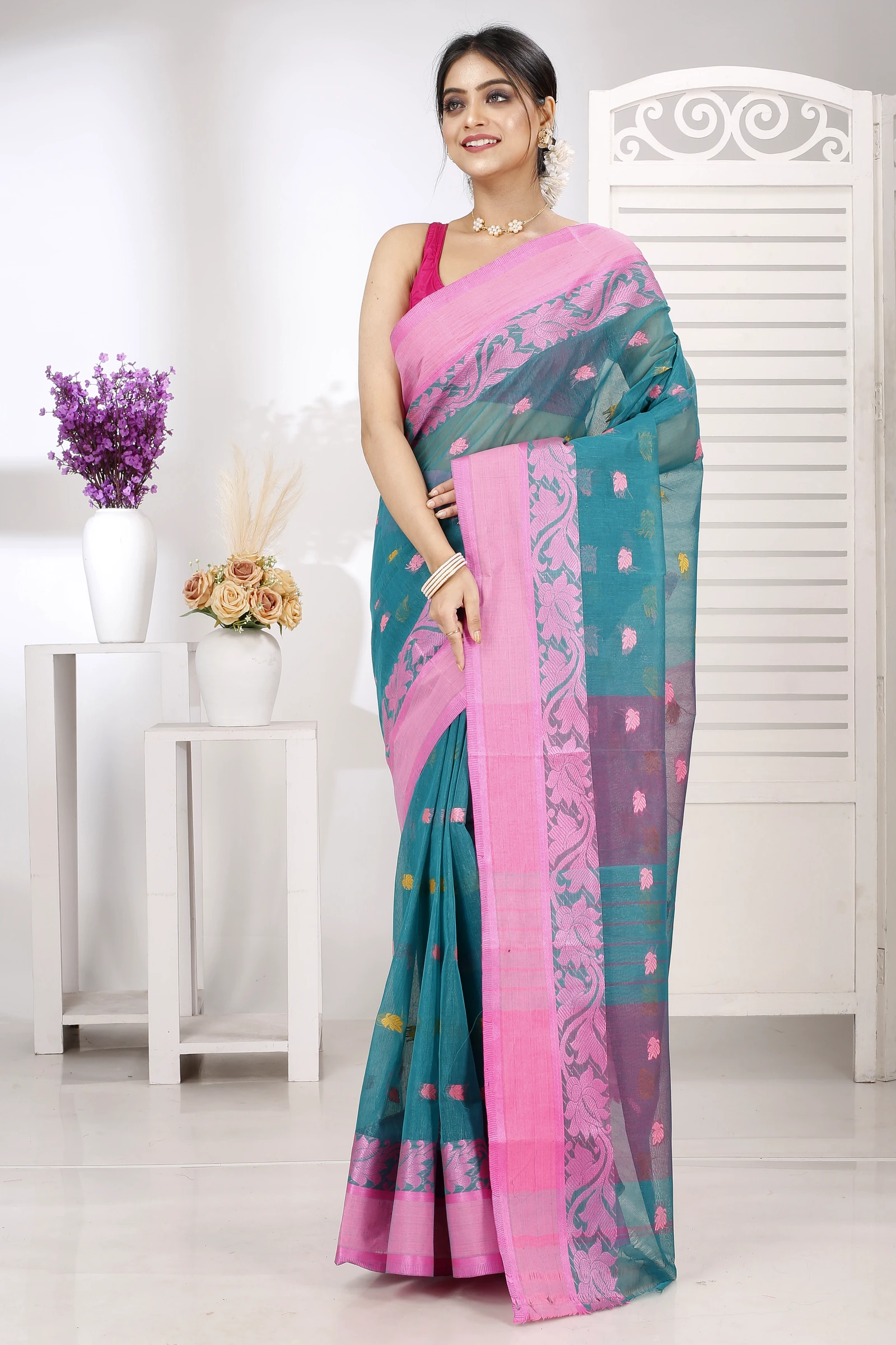 Dark Green Pure Cotton Guti Tant Saree (5257)