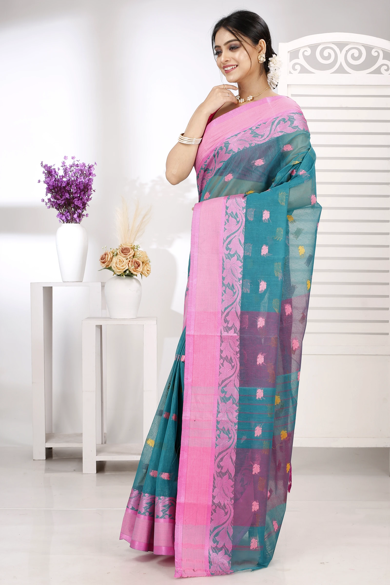 Dark Green Pure Cotton Guti Tant Saree (5257)
