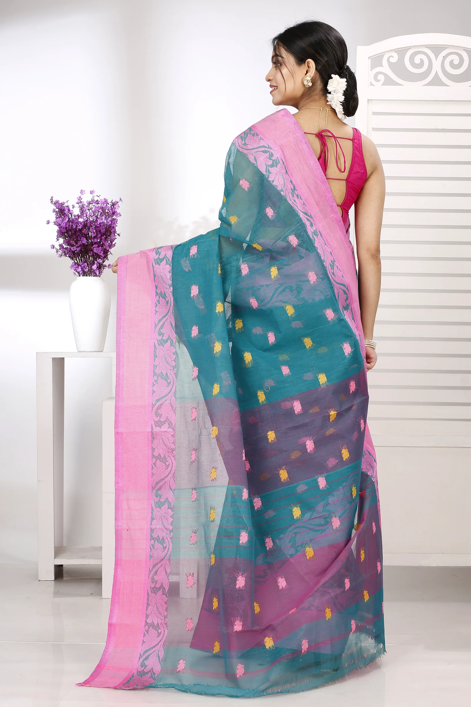 Dark Green Pure Cotton Guti Tant Saree (5257)