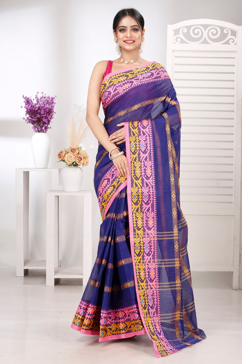 Naby Blue Pure Cotton Moti Ankit Tant Saree (5258)