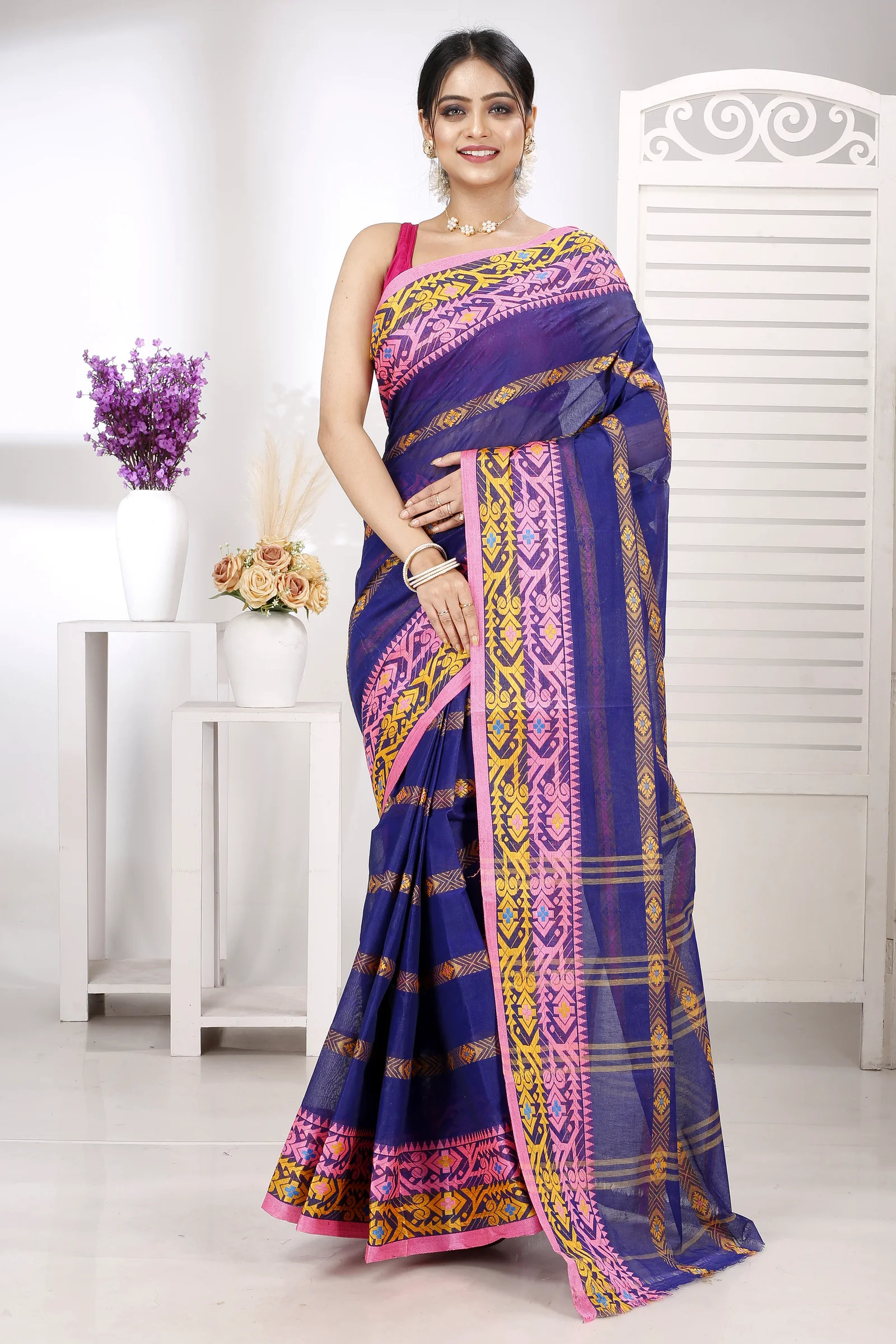 Naby Blue Pure Cotton Moti Ankit Tant Saree (5258)
