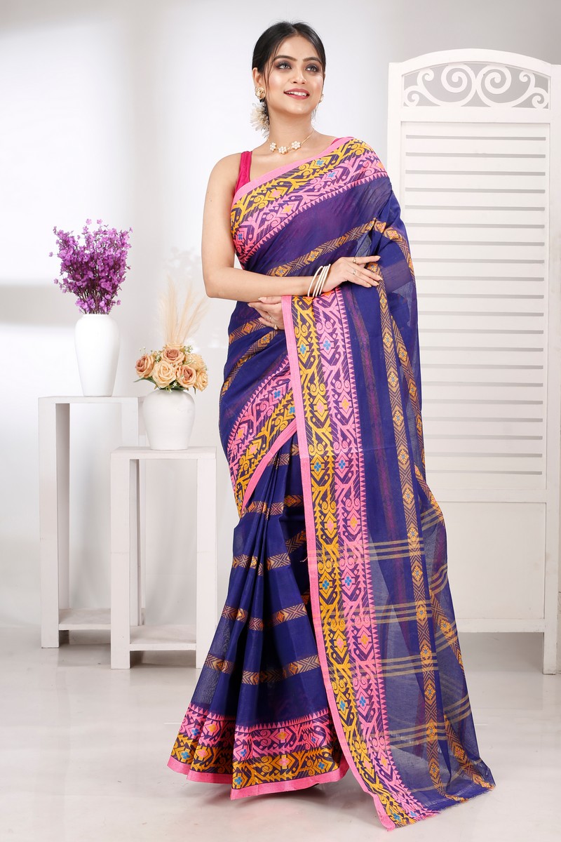 Naby Blue Pure Cotton Moti Ankit Tant Saree (5258)
