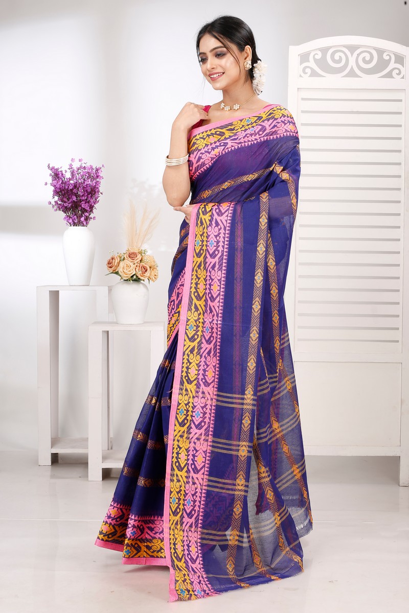 Naby Blue Pure Cotton Moti Ankit Tant Saree (5258)