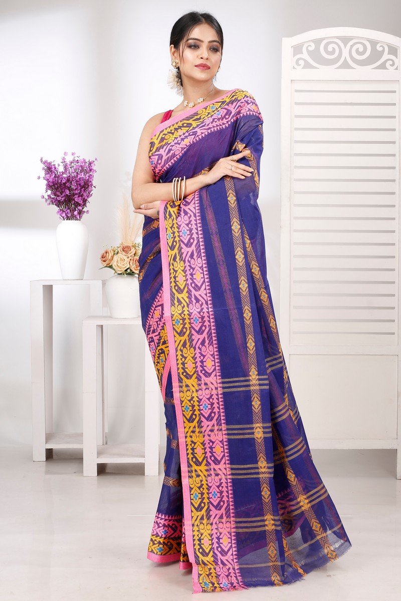 Naby Blue Pure Cotton Moti Ankit Tant Saree (5258)