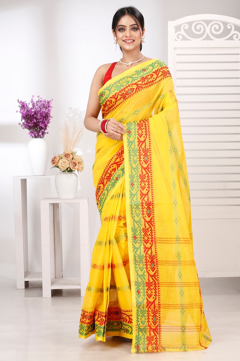 Yellow Pure Cotton Moti Ankit Tant Saree (5259)