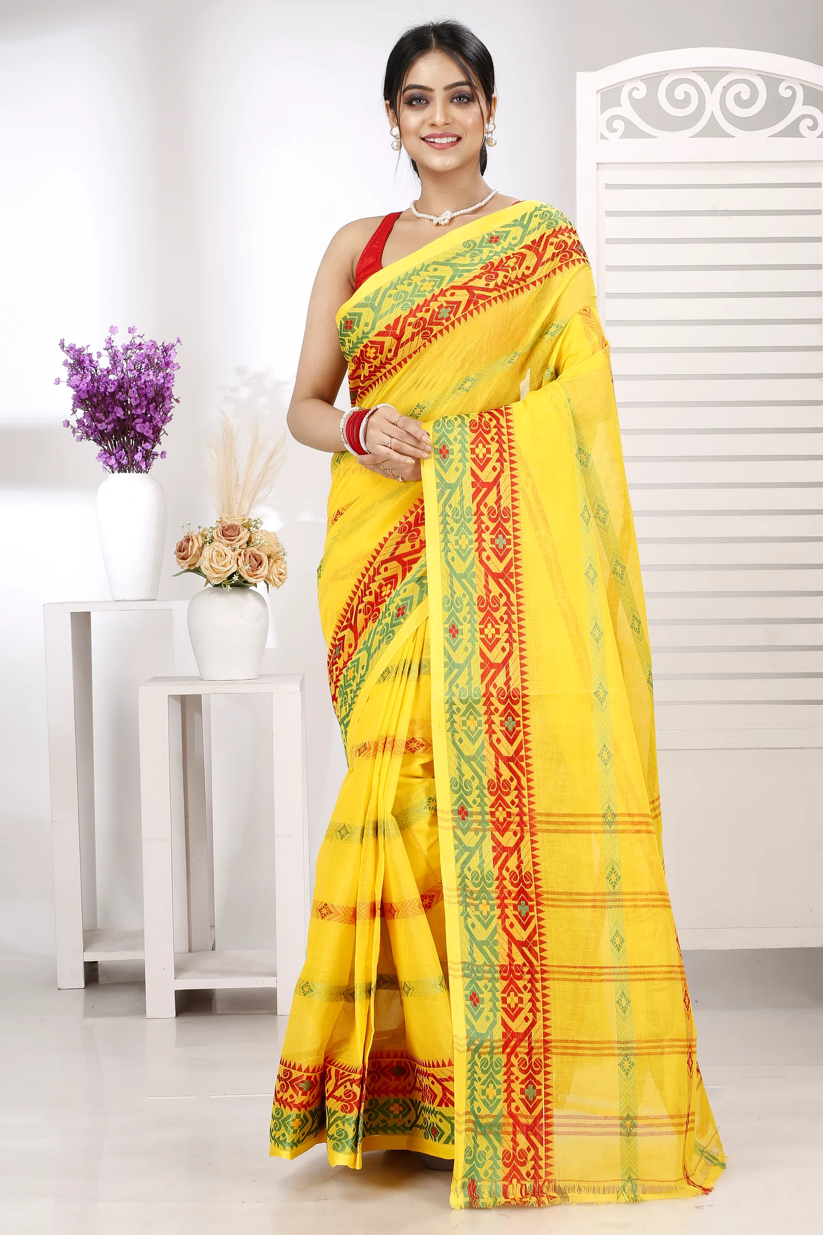 Yellow Pure Cotton Moti Ankit Tant Saree (5259)