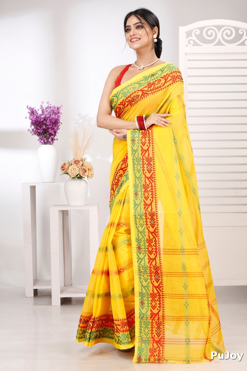 Yellow Pure Cotton Moti Ankit Tant Saree (5259)
