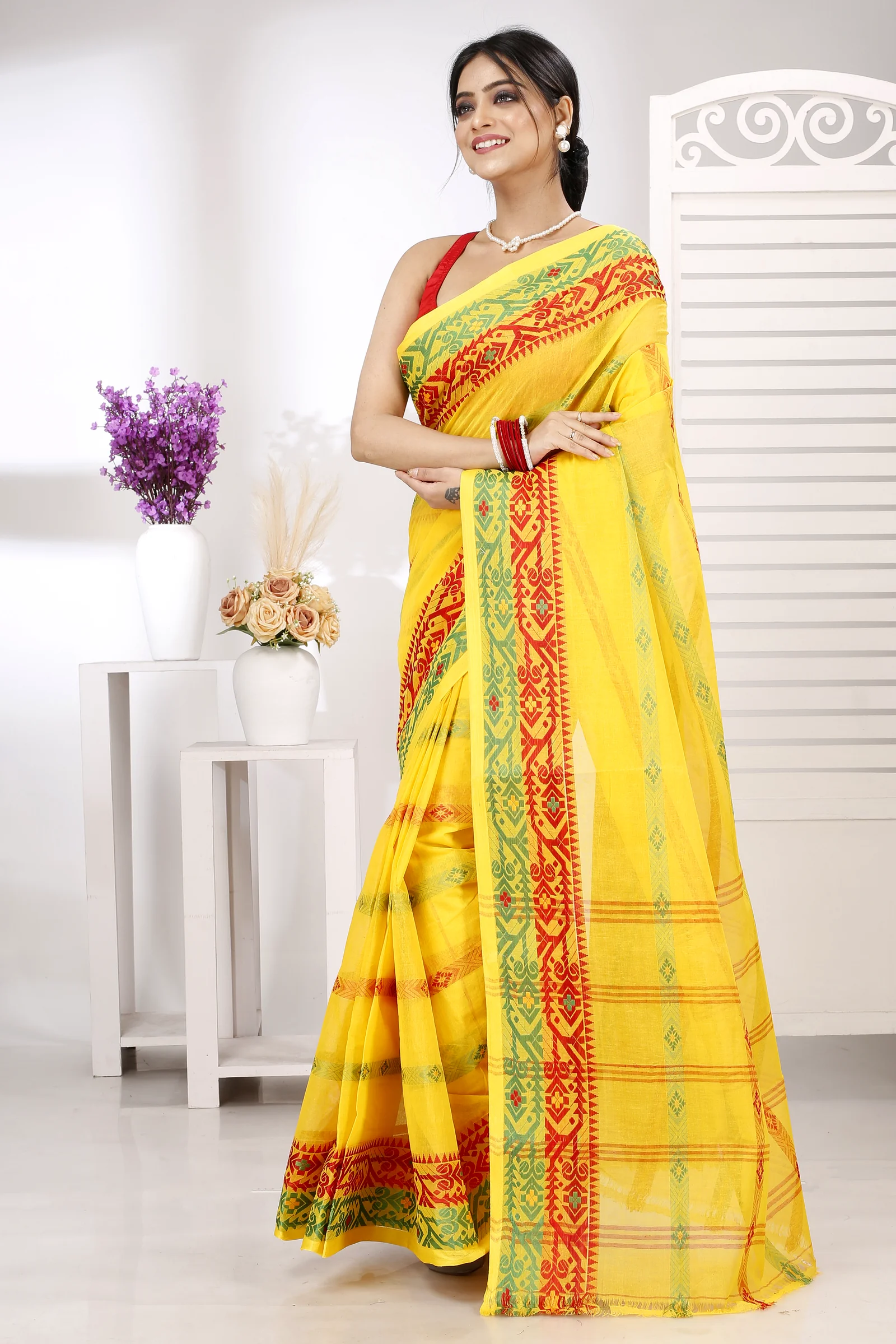 Yellow Pure Cotton Moti Ankit Tant Saree (5259)