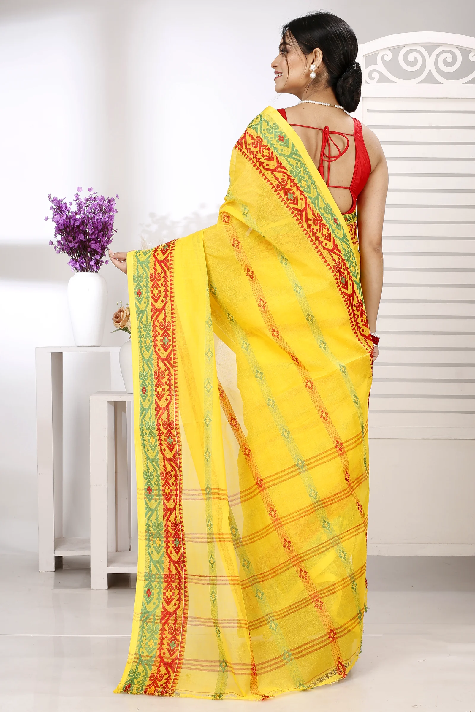 Yellow Pure Cotton Moti Ankit Tant Saree (5259)