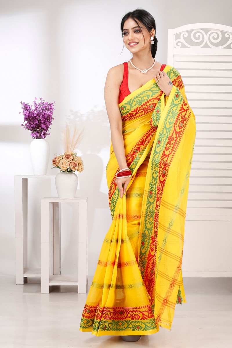 Yellow Pure Cotton Moti Ankit Tant Saree (5259)
