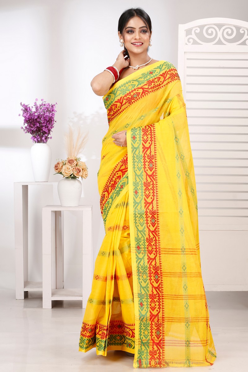 Yellow Pure Cotton Moti Ankit Tant Saree (5259)
