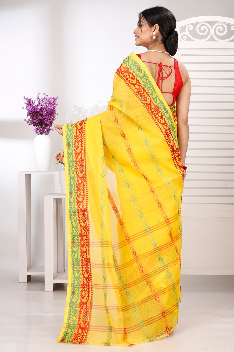 Yellow Pure Cotton Moti Ankit Tant Saree (5259)