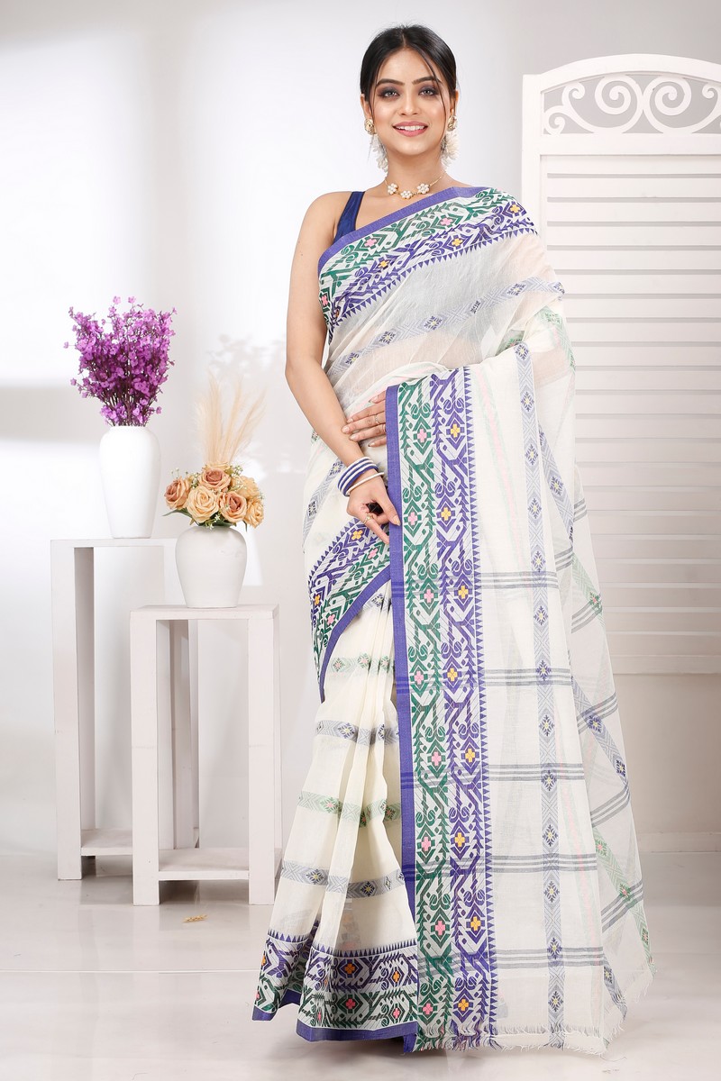 Off-White Pure Cotton Moti Ankit Tant Saree (5260)