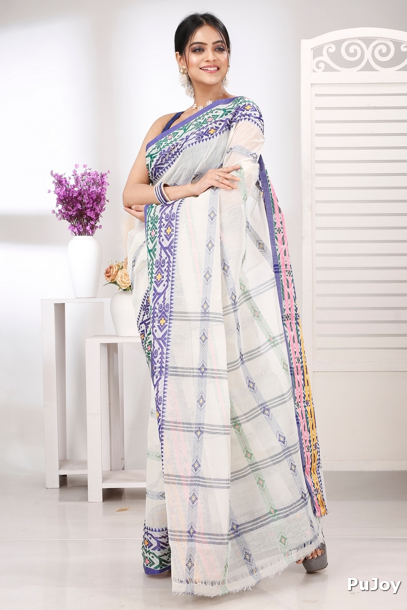 Off-White Pure Cotton Moti Ankit Tant Saree (5260)