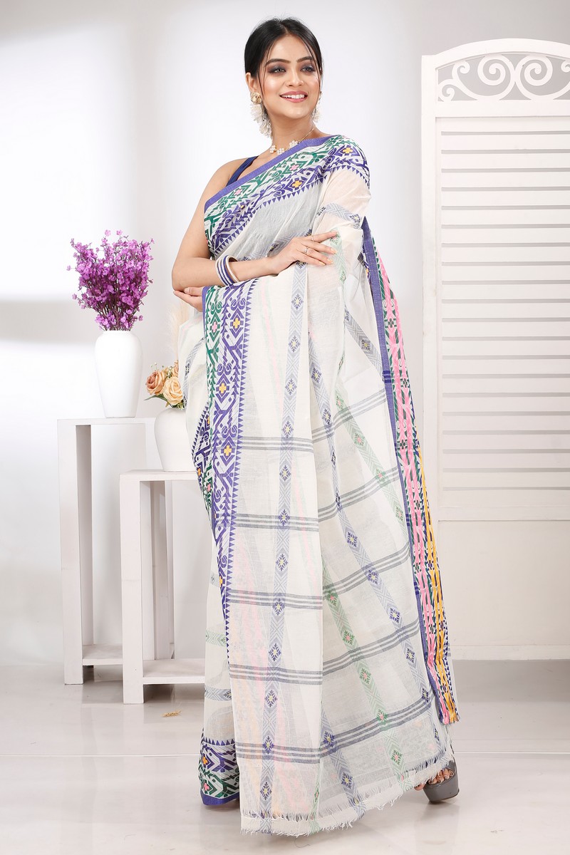 Off-White Pure Cotton Moti Ankit Tant Saree (5260)