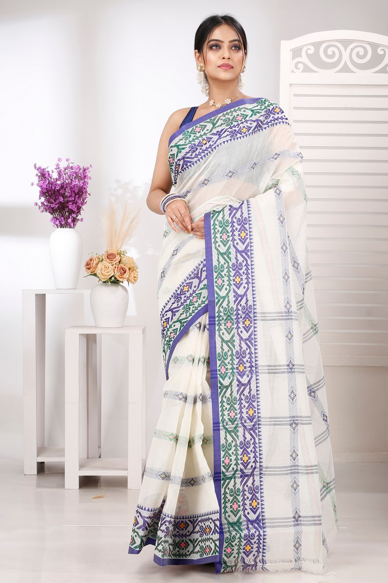 Off-White Pure Cotton Moti Ankit Tant Saree (5260)