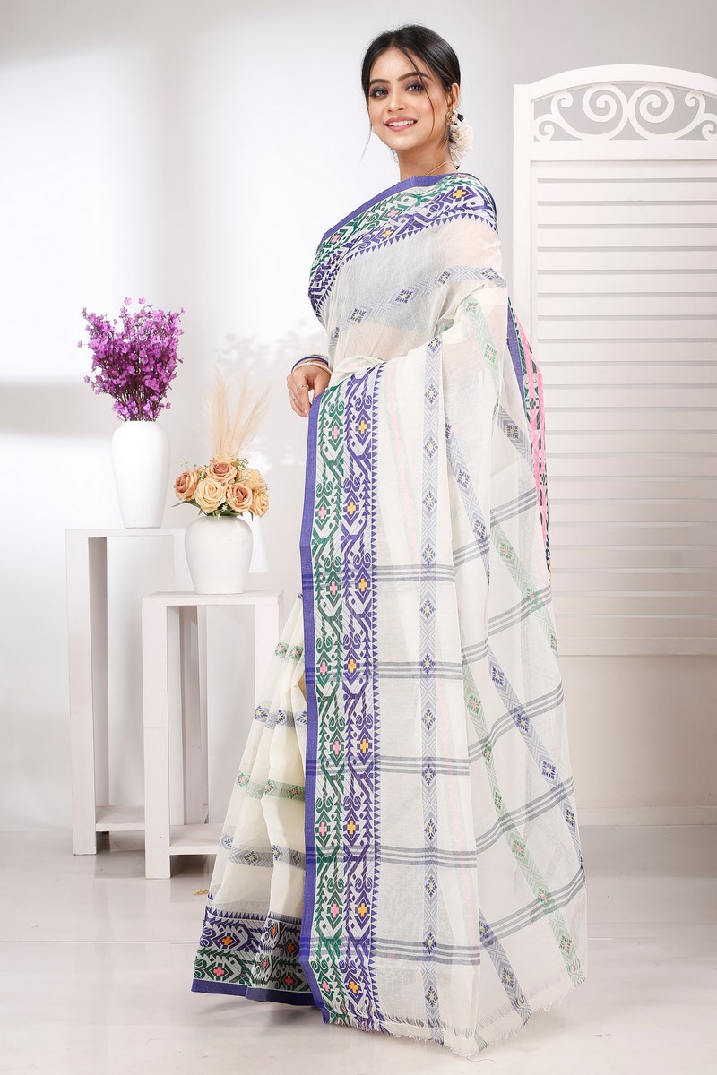 Off-White Pure Cotton Moti Ankit Tant Saree (5260)