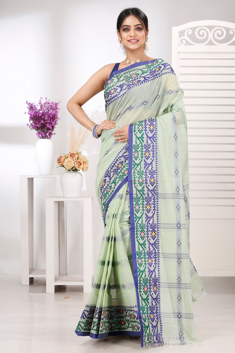 Light Green Pure Cotton Moti Ankit Tant Saree (5261)