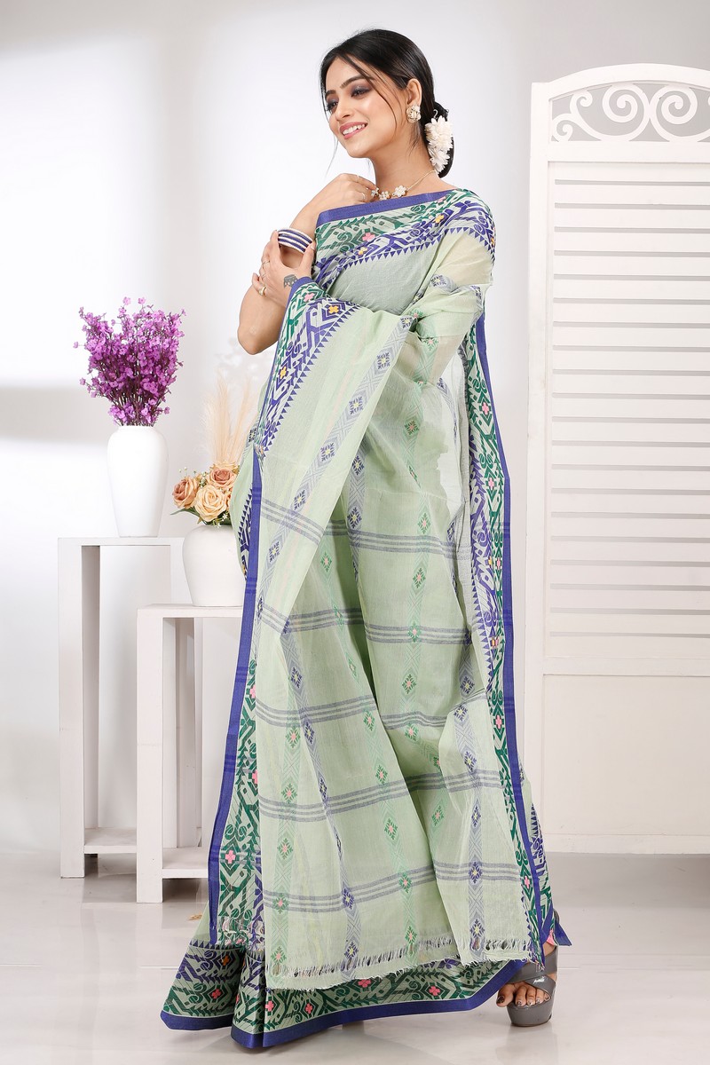 Light Green Pure Cotton Moti Ankit Tant Saree (5261)