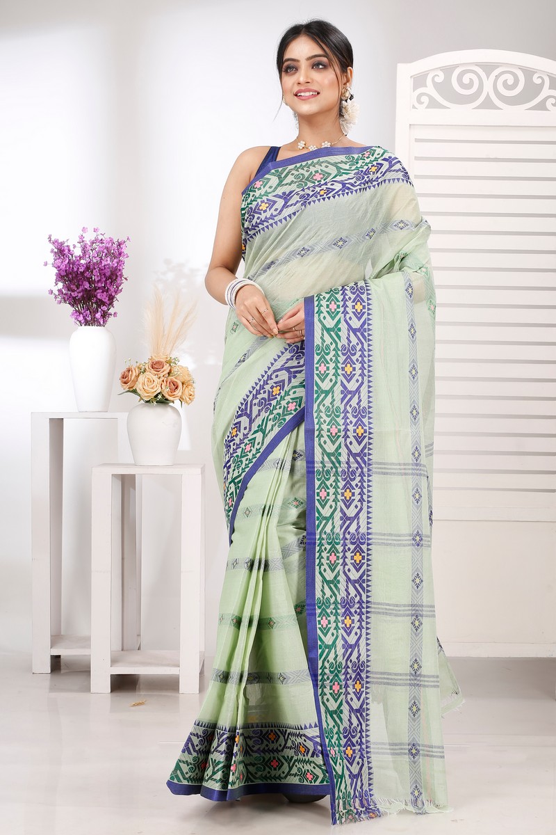 Light Green Pure Cotton Moti Ankit Tant Saree (5261)