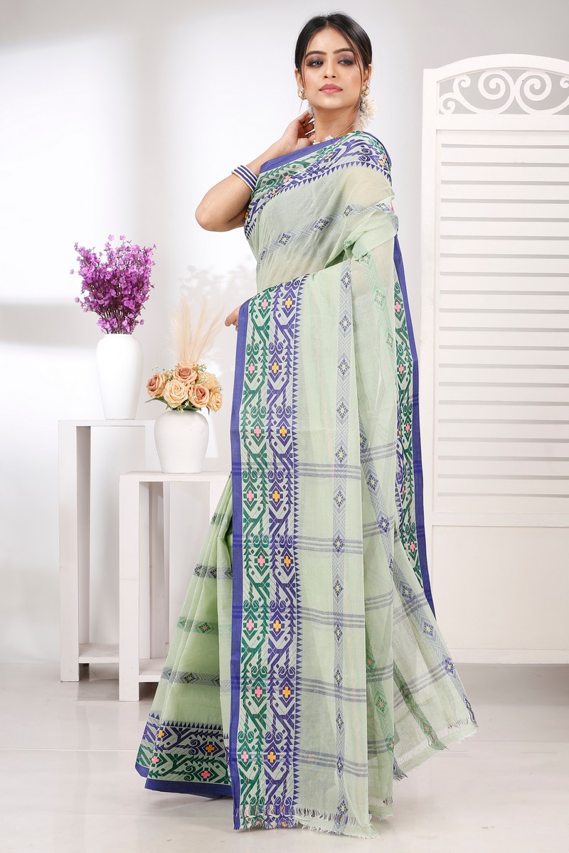 Light Green Pure Cotton Moti Ankit Tant Saree (5261)