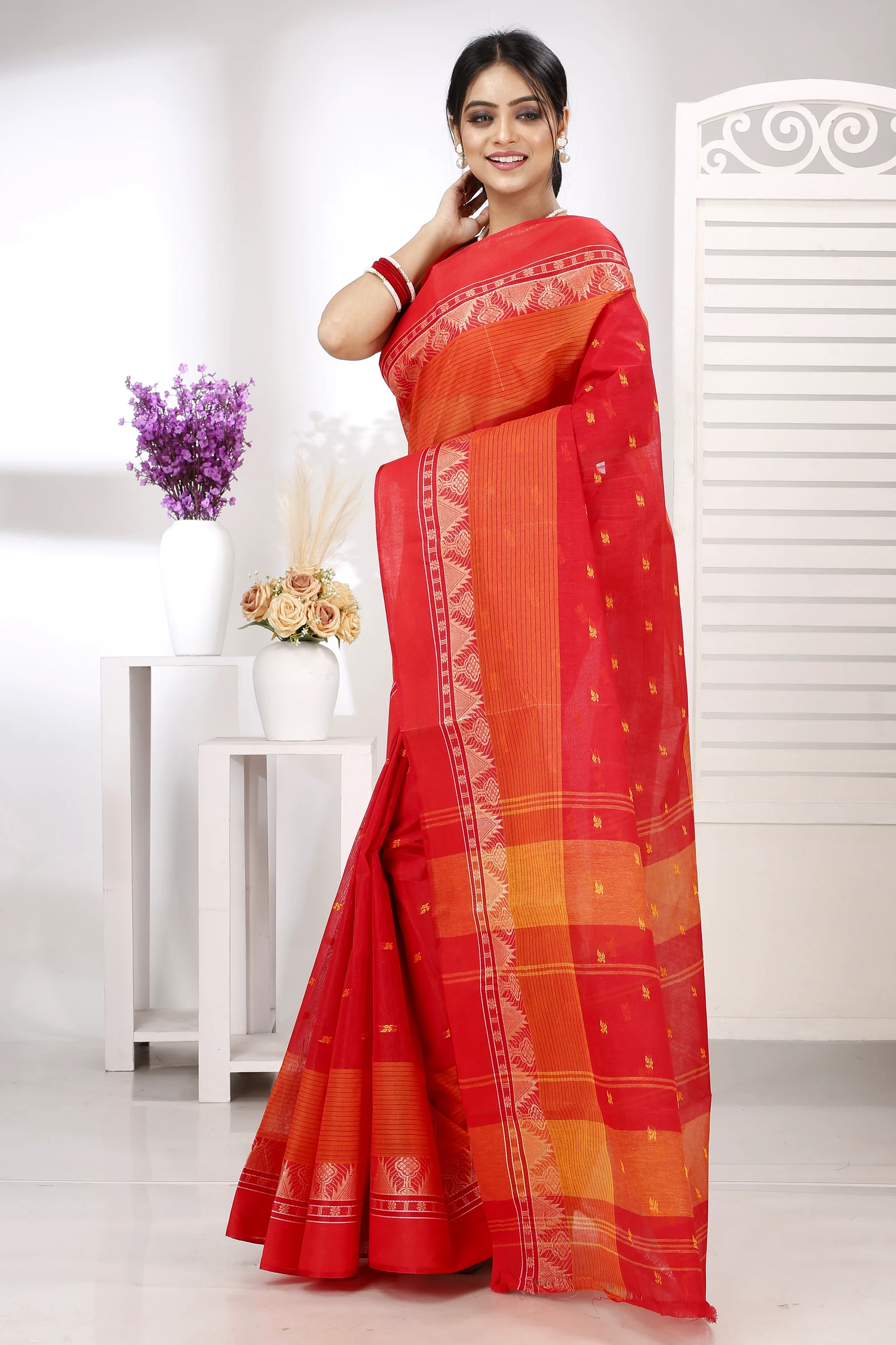Red Pure Cotton Suto Tant Saree (5262)