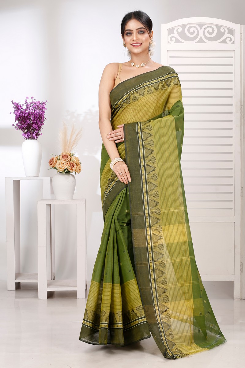 Dark Green Pure Cotton Suto Tant Saree (5263)