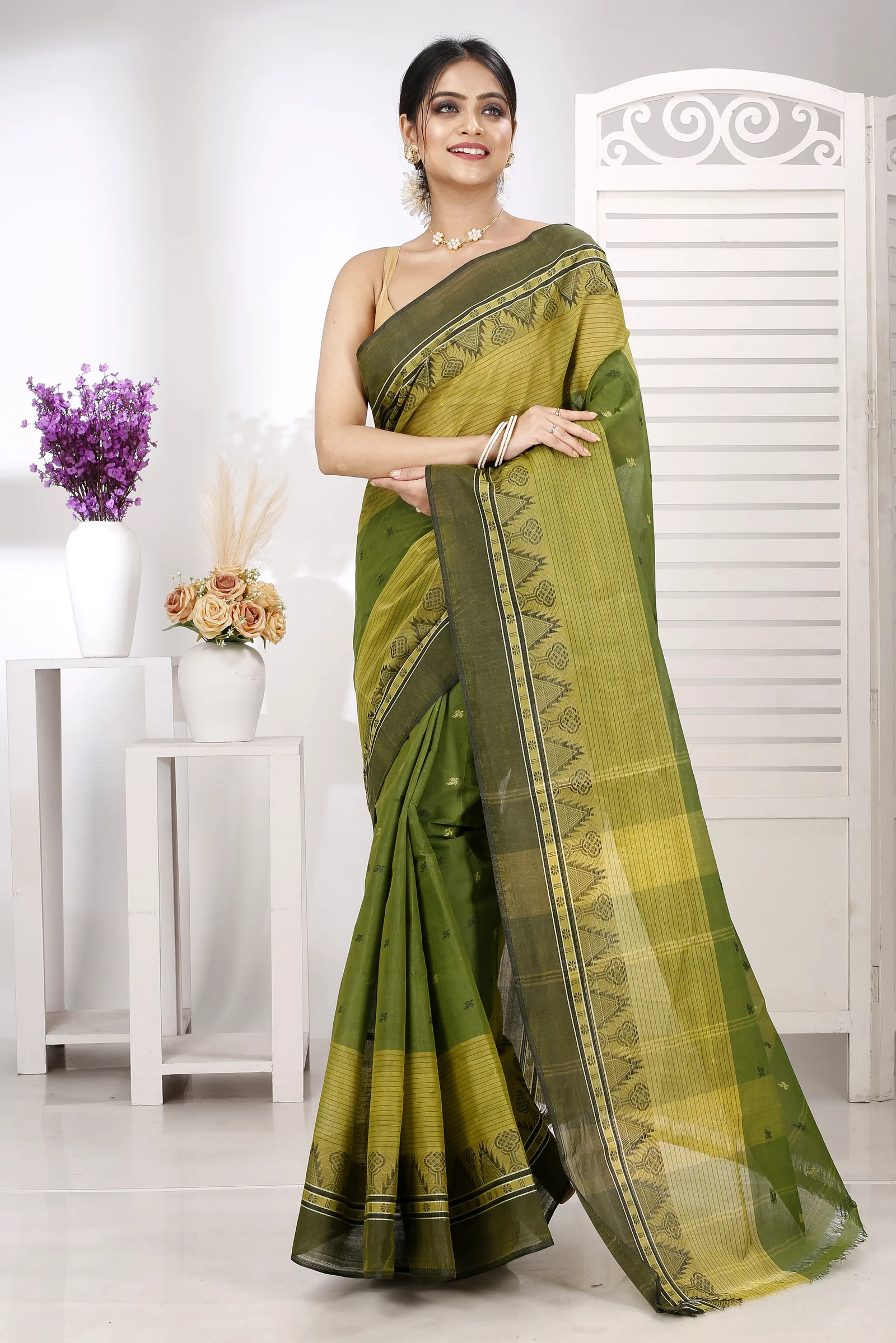 Dark Green Pure Cotton Suto Tant Saree (5263)