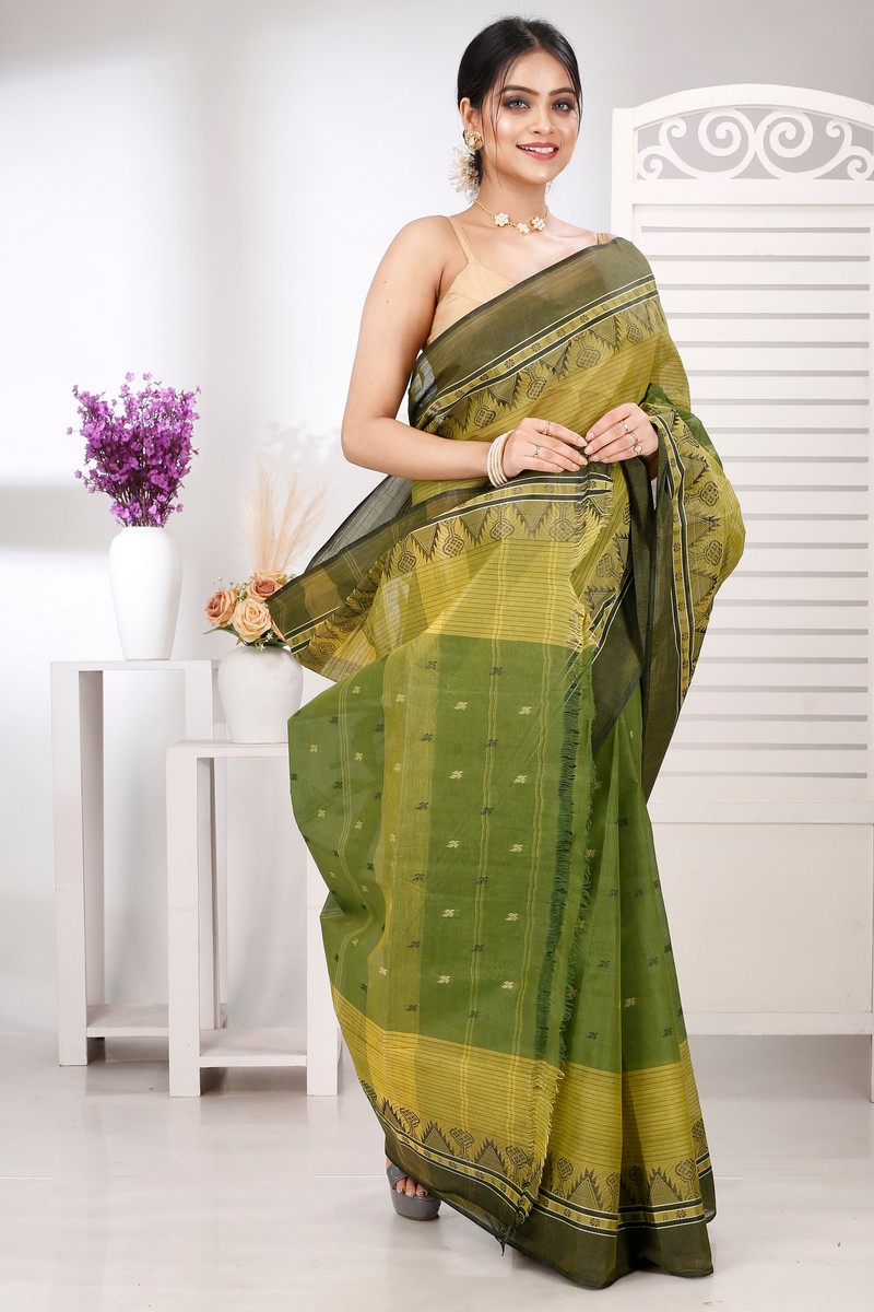 Dark Green Pure Cotton Suto Tant Saree (5263)