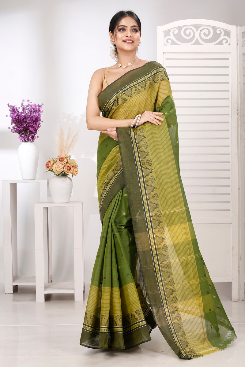 Dark Green Pure Cotton Suto Tant Saree (5263)