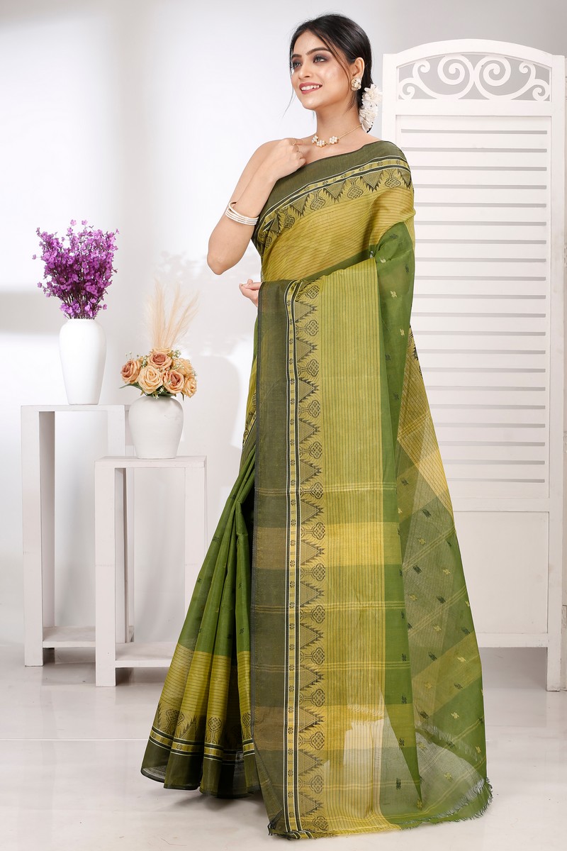Dark Green Pure Cotton Suto Tant Saree (5263)
