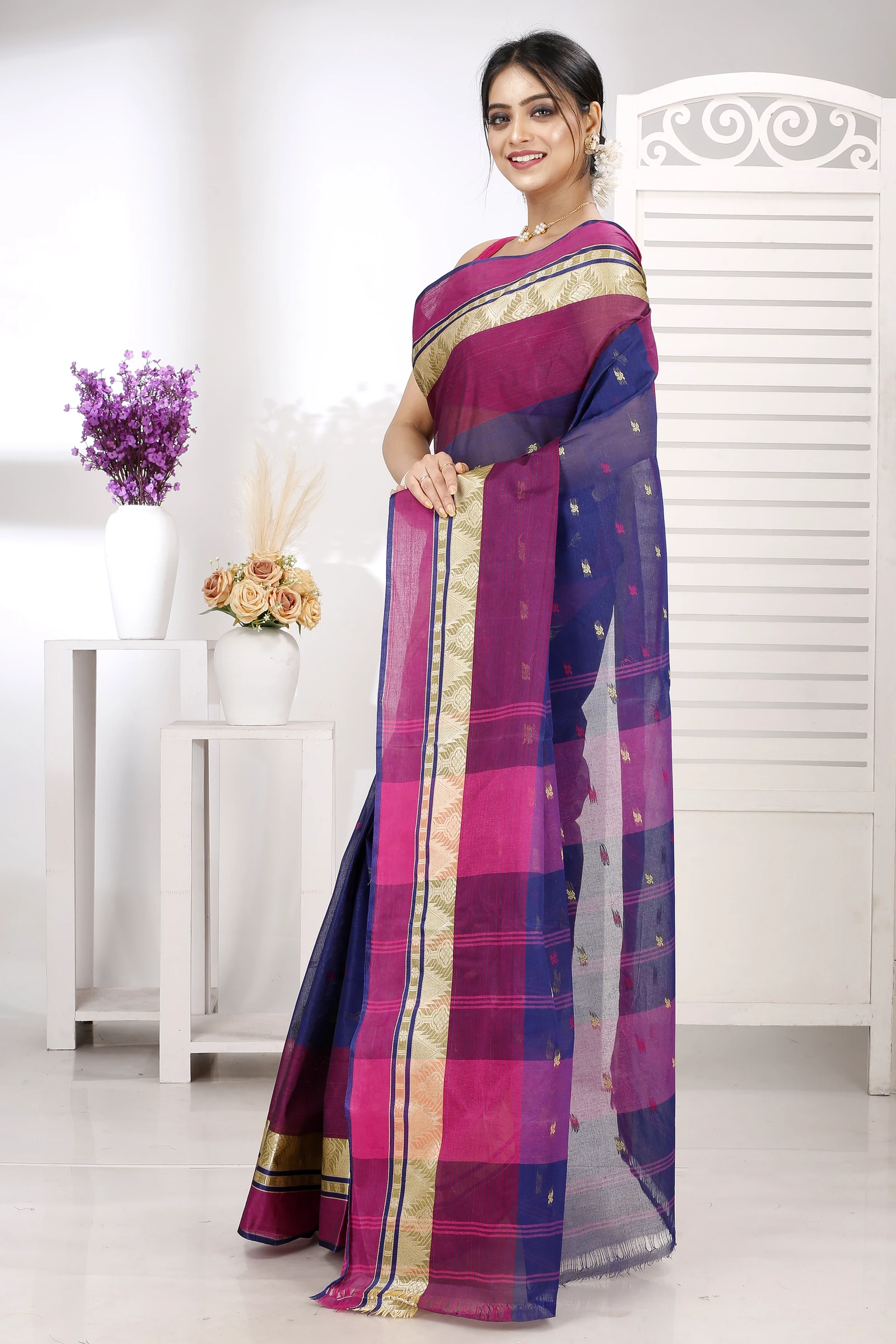 Naby Blue Pure Cotton Suto Tant Saree (5264)