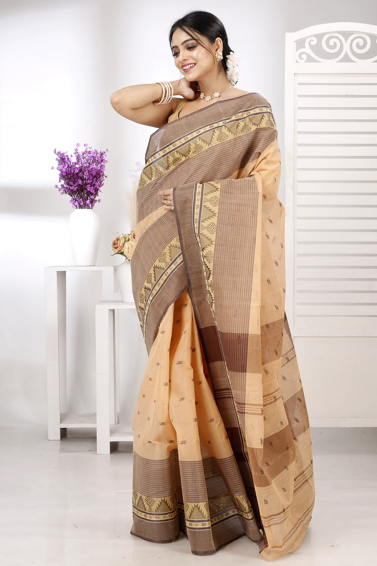 Light Brown Pure Cotton Suto Tant Saree (5266)