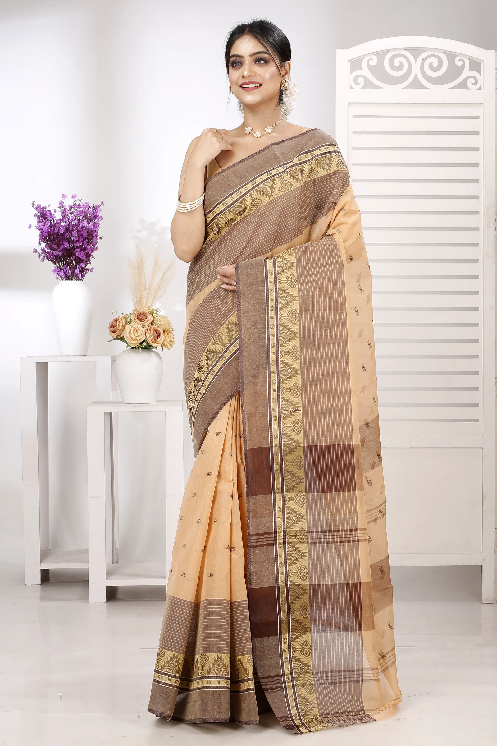 Light Brown Pure Cotton Suto Tant Saree (5266)