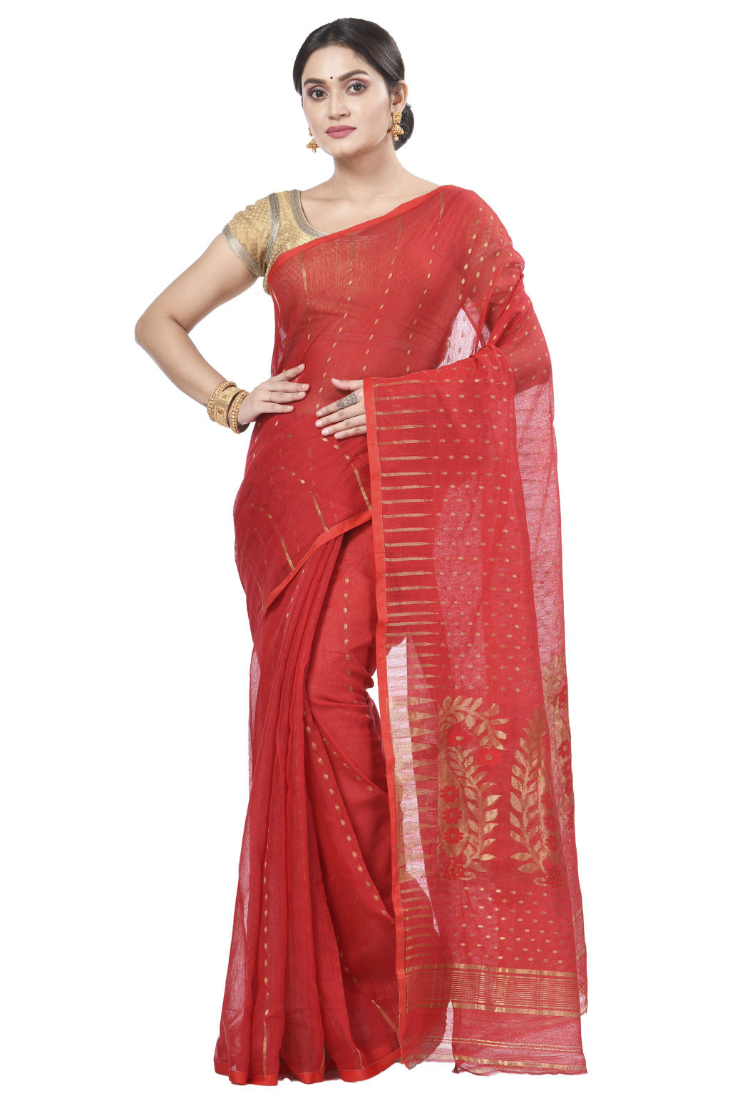 Red Blended Cotton New HALF  JAMDINE Jamdani Saree (527)